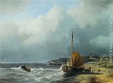 Andreas Schelfhout Fisherfolk by a Beached Bomschuit painting